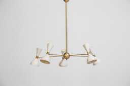 Mid Century Modern Chandelier - White & Brass Stilnovo Style Diabolo Pendant Light 5-Arm Sputnik Ceiling Fixture Handcrafted Lighting