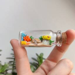 Sea Turtle At A Coral Reef in Glass-Bottle/Unique Miniature Figure/ Handmade Artwork