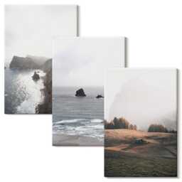 3 Piece Canvas Set - Mountain & Sea Landscapes With Clouds Forests, Gray Photo Print, Wall Decor - thumbnail 2