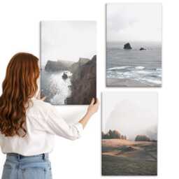 3 Piece Canvas Set - Mountain & Sea Landscapes With Clouds Forests, Gray Photo Print, Wall Decor - thumbnail 3