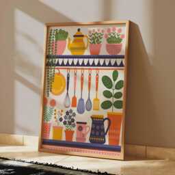 Colorful Kitchen Wall Art, Decor, Floral Poster, Boho Scandinavian Shelf Poster With Utensils & Flowers - thumbnail 3