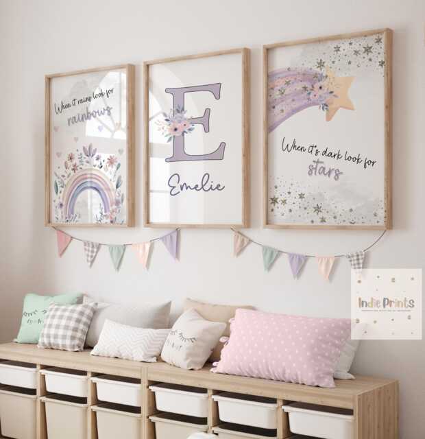 Set Of 3, Unicorn Prints, Personalised, Girl Bedroom Accessories, Decor, Girly Wall Art, Theme, Girls Bedroom, Floral Prints - image 1