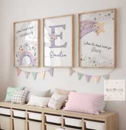 Set Of 3, Unicorn Prints, Personalised, Girl Bedroom Accessories, Decor, Girly Wall Art, Theme, Girls Bedroom, Floral Prints - thumbnail 1