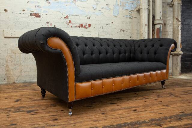 British Handmade 3 Seater Charcoal Grey Herringbone Wool & Tan Leather Chesterfield Sofa - image 1