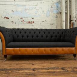 British Handmade 3 Seater Charcoal Grey Herringbone Wool & Tan Leather Chesterfield Sofa - thumbnail 3