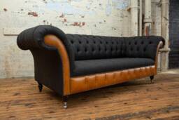 British Handmade 3 Seater Charcoal Grey Herringbone Wool & Tan Leather Chesterfield Sofa