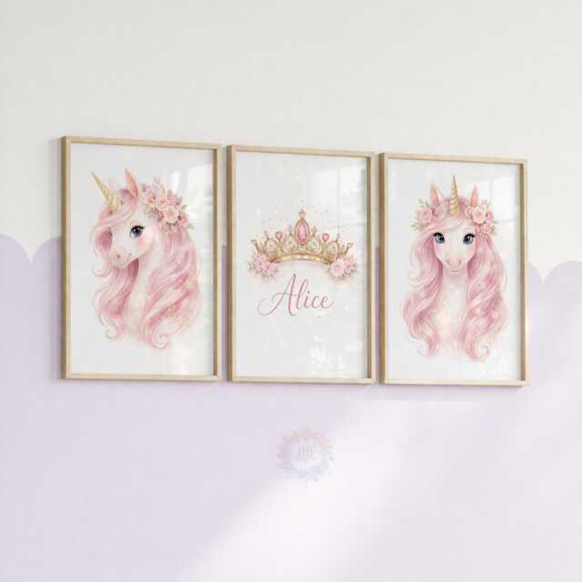 Unicorn Girls Bedroom Prints - Personalised Pink Set Of 3, Crown Nursery Wall Art - image 1