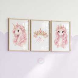 Unicorn Girls Bedroom Prints - Personalised Pink Set Of 3, Crown Nursery Wall Art - thumbnail 1