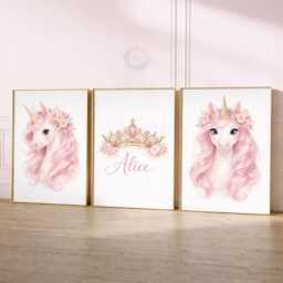Unicorn Girls Bedroom Prints - Personalised Pink Set Of 3, Crown Nursery Wall Art - thumbnail 2