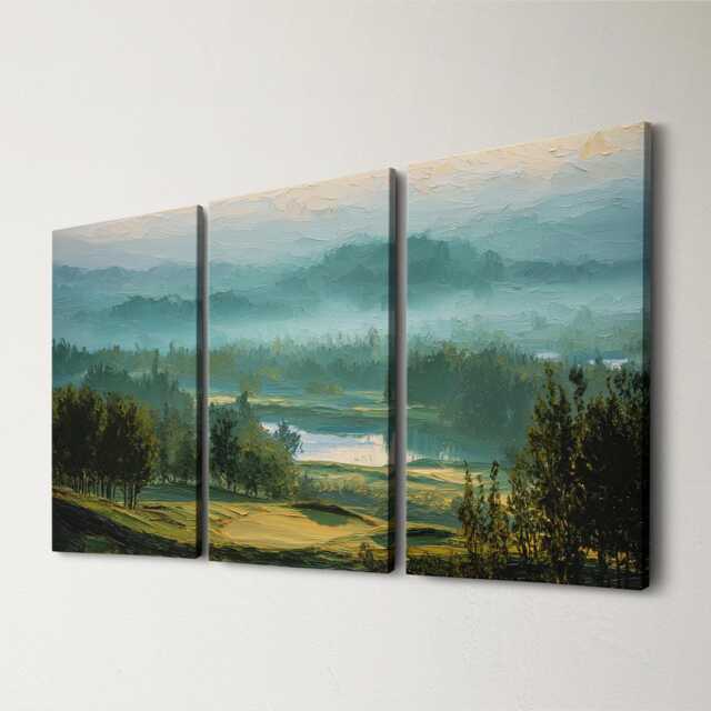 Mountain Golf Course 3 Panel Split Canvas Wall Art Scenic Landscape Painting Clubhouse Decor Oil Framed Home - image 1
