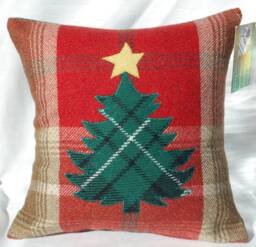 Christmas Tree, Green & Red Decorative Tartan Handmade Square Cushion Pillow Ideal Gift Rustic Farmhouse D??cor 12 - thumbnail 1