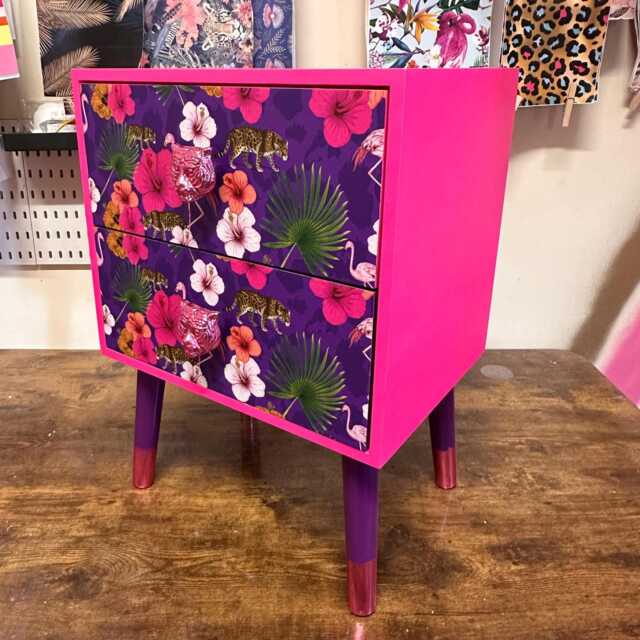 Hot Pink & Purple Square Bedside Table, Two Drawers, Ideal Nightstand. Flamingo Leopard Tropical Leaf Design. Customisable End Table - image 1