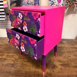 Hot Pink & Purple Square Bedside Table, Two Drawers, Ideal Nightstand. Flamingo Leopard Tropical Leaf Design. Customisable End Table - thumbnail 3