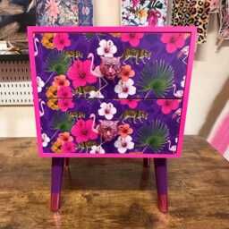 Hot Pink & Purple Square Bedside Table, Two Drawers, Ideal Nightstand. Flamingo Leopard Tropical Leaf Design. Customisable End Table - thumbnail 2