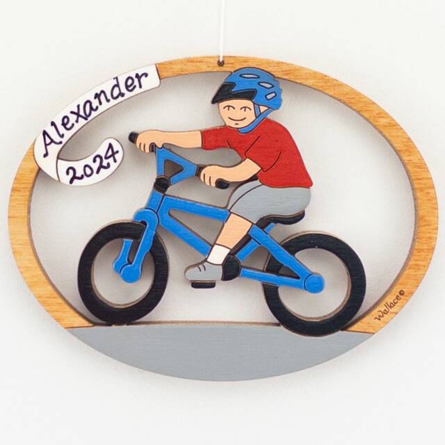 Personalized Boy Bicycle Miniature Christmas Ornament-Wood, Hand Painted, Laser Cut - image 1