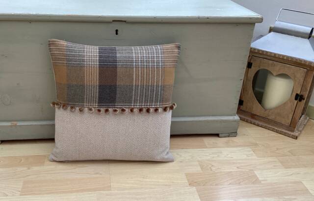 Katrine Handmade Tartan Plaid Pillow Cover Ochre Grey Tweed With Pompom Trim - image 1