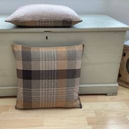 Katrine Handmade Tartan Plaid Pillow Cover Ochre Grey Tweed With Pompom Trim - thumbnail 3