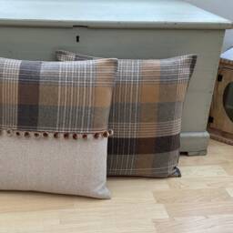 Katrine Handmade Tartan Plaid Pillow Cover Ochre Grey Tweed With Pompom Trim - thumbnail 2