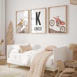 Personalized Motorbike Prints Watercolor Boys Room Decor, Custom Name - Set Of 3 Unframed - thumbnail 3