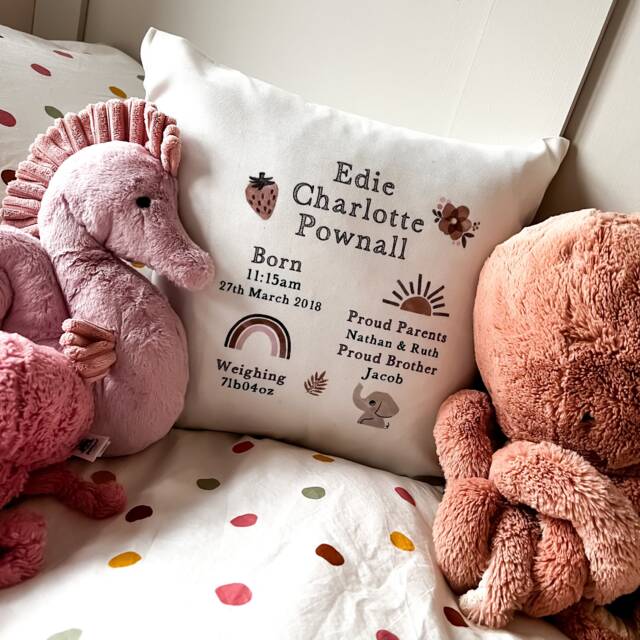 New Baby Gift, Personalised Birth Stats Cushion, Nursery Announcement, Shower Keepsake - image 1