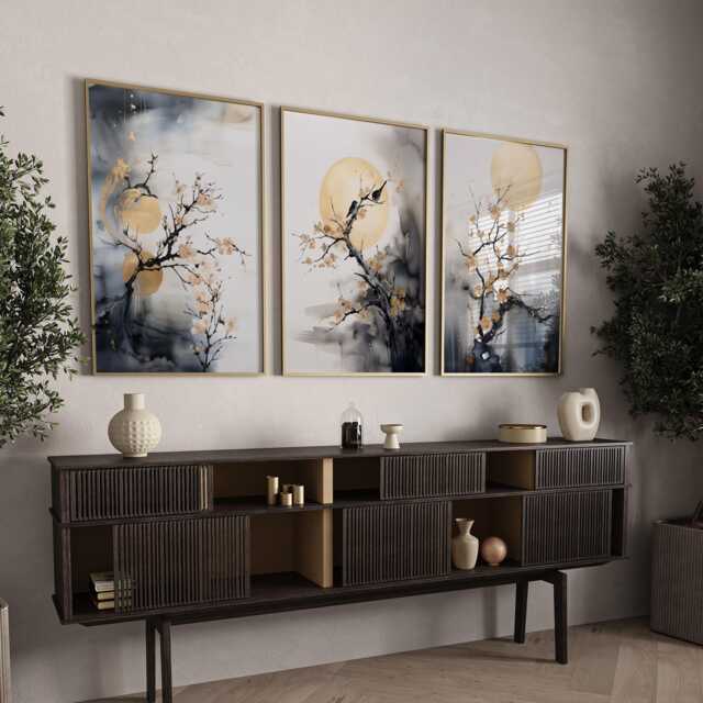 Cherry Blossom Wall Art - Set Of 3 Navy Asian Japanese Golden Moon Sakura Room Decor Floral - image 1