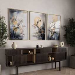 Cherry Blossom Wall Art - Set Of 3 Navy Asian Japanese Golden Moon Sakura Room Decor Floral - thumbnail 1