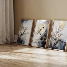 Cherry Blossom Wall Art - Set Of 3 Navy Asian Japanese Golden Moon Sakura Room Decor Floral - thumbnail 2