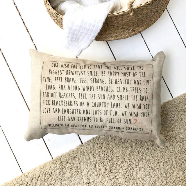 Bespoke Linen Christening Wish Cushion - New Baby Gift Present Nursery Decor Heatpress Godparent - image 1