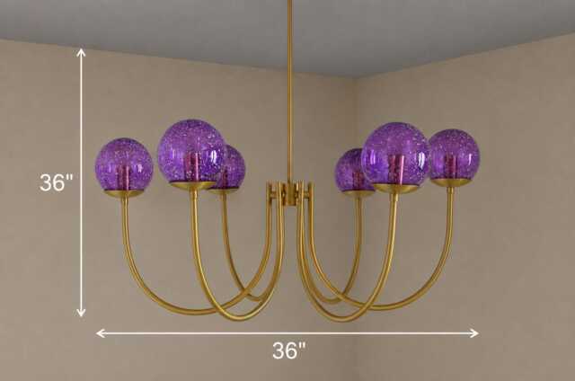 Castle 6-Light Brass Chandelier - Brushed With Purple Globe Purple Glass Seeded White Pendant Light Medieval Inspired - image 1