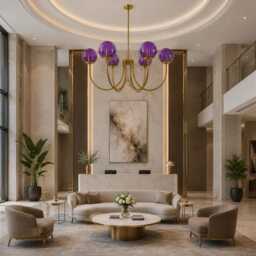 Castle 6-Light Brass Chandelier - Brushed With Purple Globe Purple Glass Seeded White Pendant Light Medieval Inspired - thumbnail 3