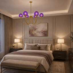 Castle 6-Light Brass Chandelier - Brushed With Purple Globe Purple Glass Seeded White Pendant Light Medieval Inspired - thumbnail 4