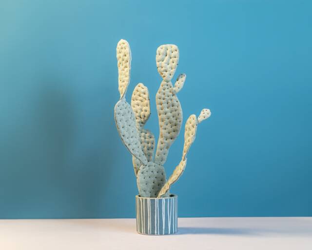 Large Opuntia Textile Sculpture - Statement Cactus Art in Striped Pot - image 1