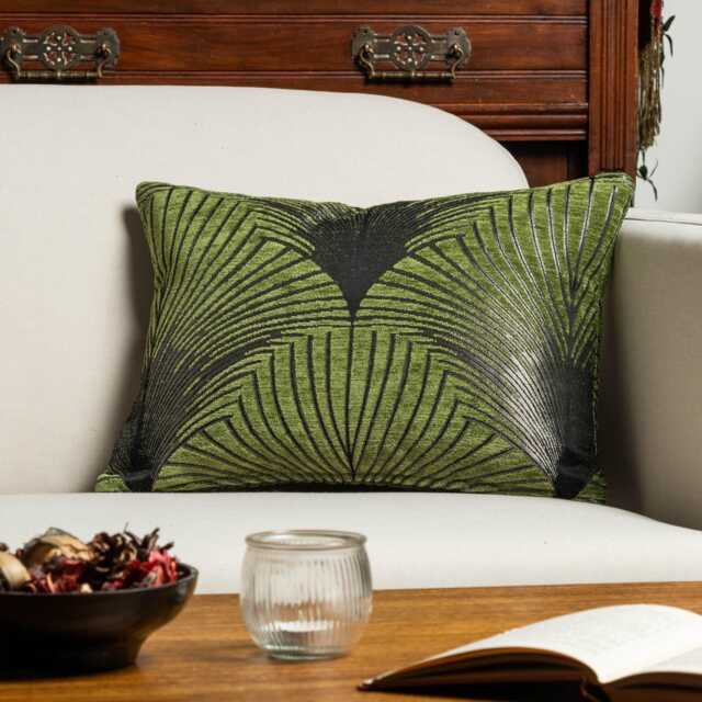 Art Deco Retro Fan Boudoir Cushion. Moss Green & Metallic Silver Vintage Design. Luxury Velvet Chenille. 17x12 - image 1