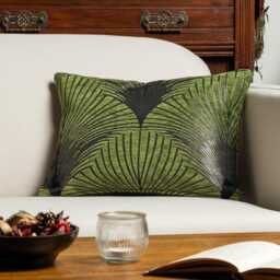 Art Deco Retro Fan Boudoir Cushion. Moss Green & Metallic Silver Vintage Design. Luxury Velvet Chenille. 17x12