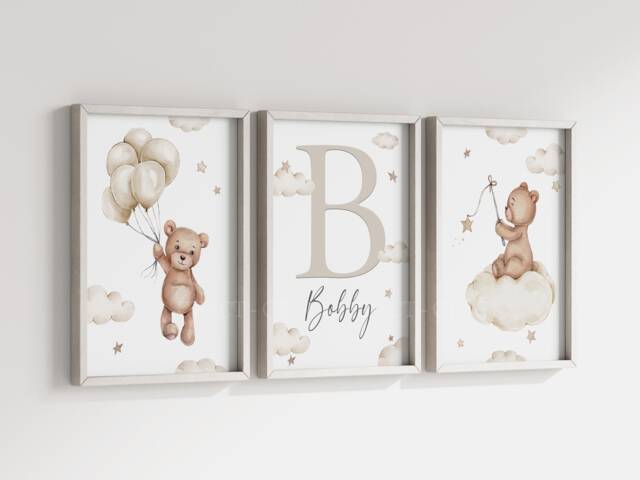 Baby Nursery Personalised Teddy Bear Prints - A4 Or A3 Size Unframed Stars Cloud Moon Boy Girl Wall Art Neutral Beige Natural - image 1
