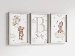 Baby Nursery Personalised Teddy Bear Prints - A4 Or A3 Size Unframed Stars Cloud Moon Boy Girl Wall Art Neutral Beige Natural - thumbnail 1