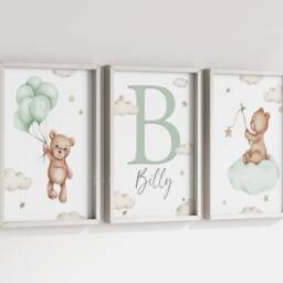 Baby Nursery Personalised Teddy Bear Prints - A4 Or A3 Size Unframed Stars Cloud Moon Boy Girl Wall Art Neutral Beige Natural - thumbnail 3