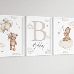 Baby Nursery Personalised Teddy Bear Prints - A4 Or A3 Size Unframed Stars Cloud Moon Boy Girl Wall Art Neutral Beige Natural - thumbnail 2