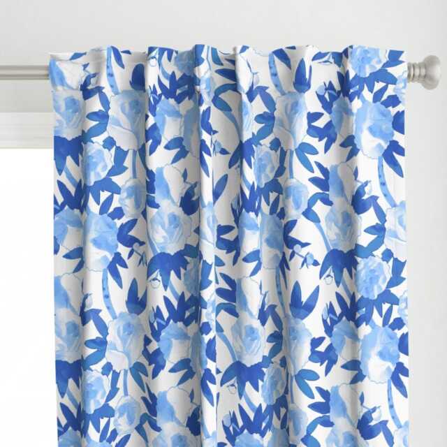 Floral Curtain Panel - Chinoiserie Flower Garden Watercolor Custom Peonies in Blue By Willowlanetextiles - image 1