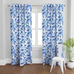 Floral Curtain Panel - Chinoiserie Flower Garden Watercolor Custom Peonies in Blue By Willowlanetextiles - thumbnail 2