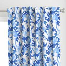 Floral Curtain Panel - Chinoiserie Flower Garden Watercolor Custom Peonies in Blue By Willowlanetextiles - thumbnail 1