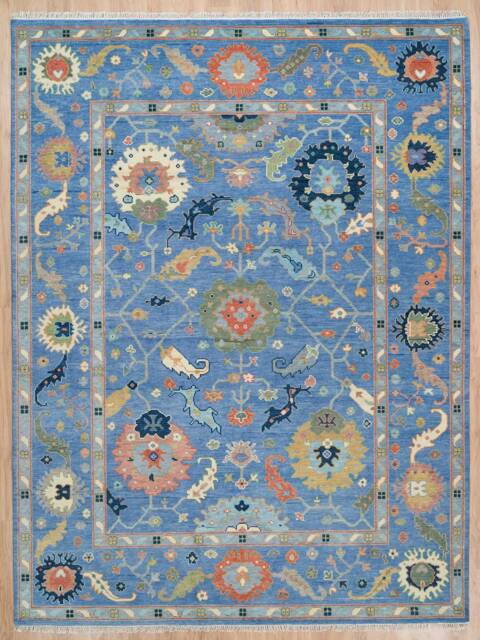 Blue Wool Oushak Rug, Handwoven Floral Fine Woolrug Ar_3050 - image 1