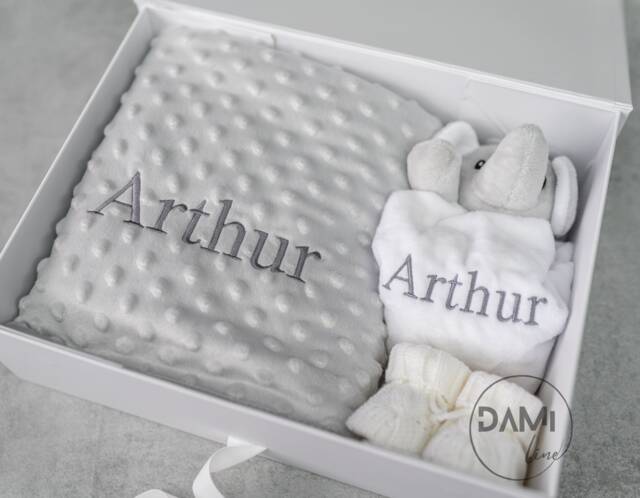 Personalised Baby Gift Set in Magnetic Box - Grey Blanket, White Elephant Comforter & Knitted Bootie For Boy - image 1