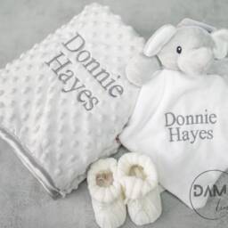 Personalised Baby Gift Set in Magnetic Box - Grey Blanket, White Elephant Comforter & Knitted Bootie For Boy - thumbnail 2