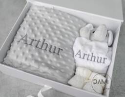 Personalised Baby Gift Set in Magnetic Box - Grey Blanket, White Elephant Comforter & Knitted Bootie For Boy - thumbnail 1