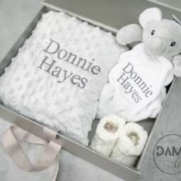Personalised Baby Gift Set in Magnetic Box - Grey Blanket, White Elephant Comforter & Knitted Bootie For Boy - thumbnail 3