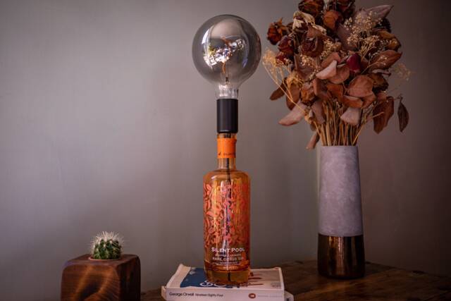 Citrus Silent Pool Gin Bottle Desk Lamp - Orange Bottle, One-Of-A-Kind Gift, Wedding Table Centrepiece, Recycled Upcycled Quirky Gift - image 1