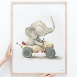 Elephant Race Car Nursery Print Playful Kids' Room Wall Art - thumbnail 3