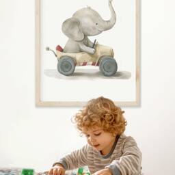 Elephant Race Car Nursery Print Playful Kids' Room Wall Art - thumbnail 2