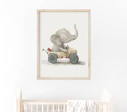 Elephant Race Car Nursery Print Playful Kids' Room Wall Art - thumbnail 1